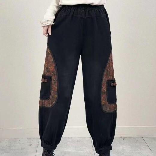 复古民族风新款女牛仔拼接宽松盘扣百搭哈伦裤舒适洋气印花显瘦 商品图1