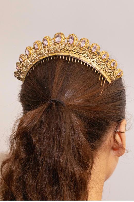 独角鹿西洋古董 1820年代欧洲出品花卉造型黄金精雕镶嵌粉色托帕石珠宝套件 带原盒 商品图4