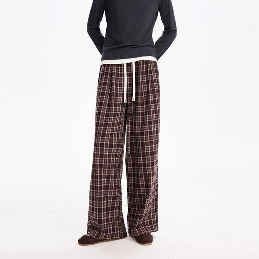 棉仓366618036-微磨毛感格子裤女松紧腰抽绳25秋冬微宽松直筒显瘦长裤阔腿裤 商品图0