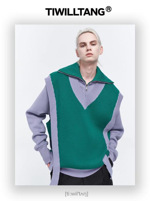 TIWILLTANG启世录 双飘带廓形针织套头马甲撞色毛衣  绿米/绿紫 商品图3