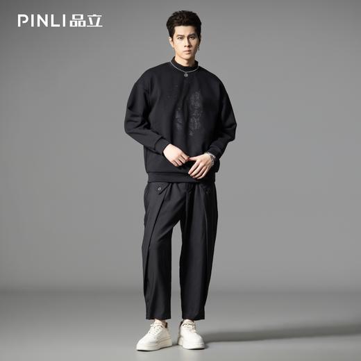 PINLI品立2025秋季新款烧花镂空套头卫衣潮男宽松休闲空气层上衣B253109045 商品图1