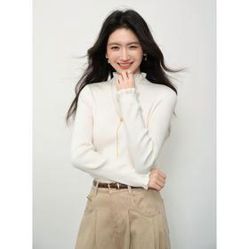 鹿向南「素笺凝韵」米白色长袖T恤女秋新款半高领显瘦内搭针织衫L58976