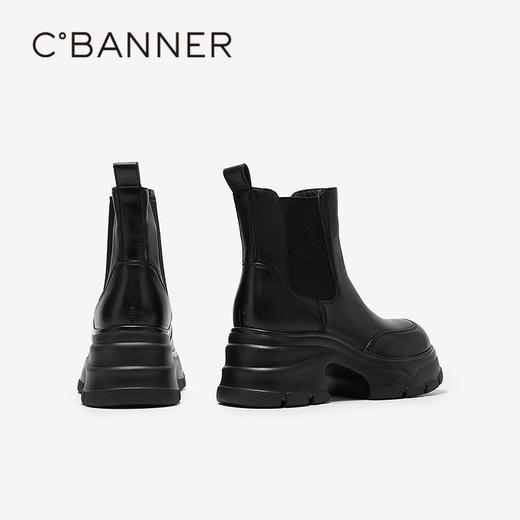 千百度厚底拼接切尔西靴女增高烟筒靴保暖粗跟短靴子A25650976 商品图4