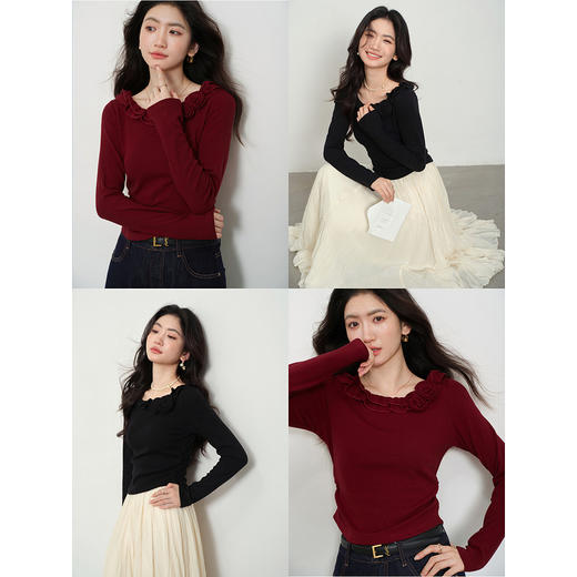 鹿向南「枕畔胭脂」气质复古红色T恤女秋季新款法式显瘦长袖上衣 商品图2