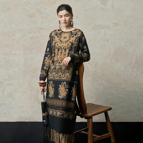 【林栖设计小店】金葱提花毛织连衣裙复古优雅宽松2025秋冬新款流苏长裙女1954062