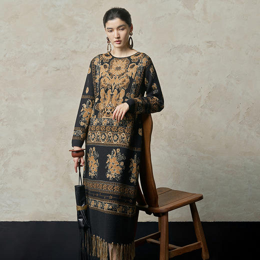 【林栖设计小店】金葱提花毛织连衣裙复古优雅宽松2025秋冬新款流苏长裙女1954062 商品图0