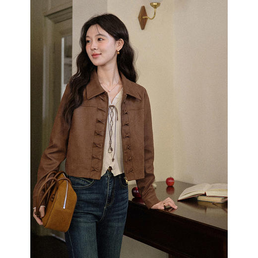 鹿向南「蝶宿云栖」咖色气质短款外套秋新款开衫法式翻领女款夹克 商品图1
