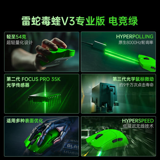 Razer雷蛇电竞绿系列 毒蝰V3Pro专业版/炼狱蝰蛇V4专业版/猎魂光蛛V3专业竞技版8K/旋风黑鲨V3专业版/幻影战狼V3专业版8K/妖狐【雷蛇官方直营，延保一年】 商品图1