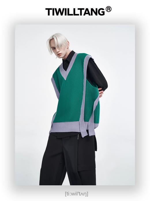 TIWILLTANG启世录 双飘带廓形针织套头马甲撞色毛衣  绿米/绿紫 商品图2
