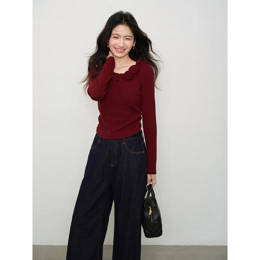 鹿向南「枕畔胭脂」气质复古红色T恤女秋季新款法式显瘦长袖上衣 商品图3