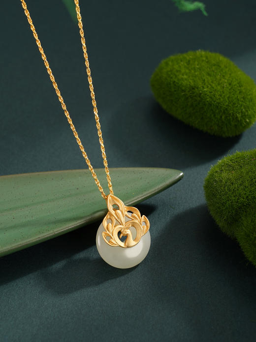 子佩集【翎舞芳华】S925银套链【DZ04976】镀金孔雀平安扣和田玉古法银项链2510 商品图1