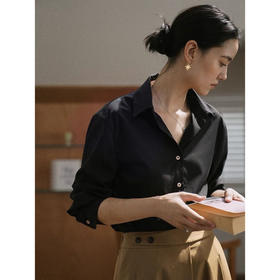 黑与金贵妇优雅黑衬衫，金色镂空兰花扣点缀，莫代尔面料 筋骨感十足