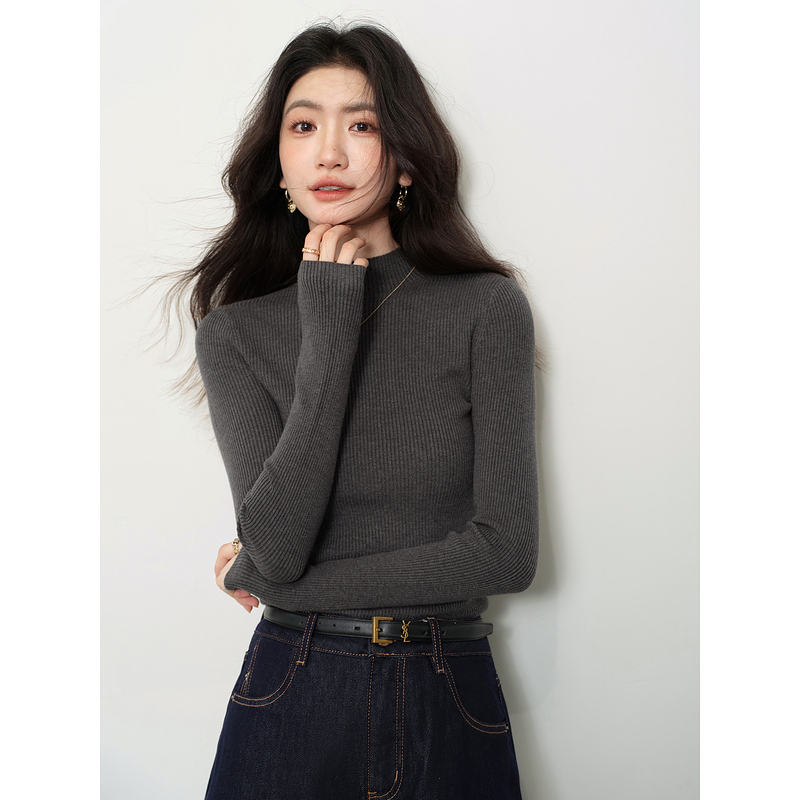 鹿向南「午夜巴黎」深灰色半高领条纹针织衫女秋打底修身显瘦上衣