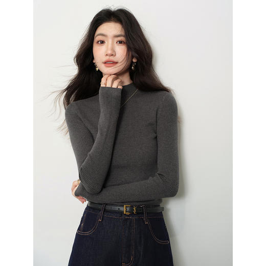 鹿向南「午夜巴黎」深灰色半高领条纹针织衫女秋打底修身显瘦上衣 商品图0