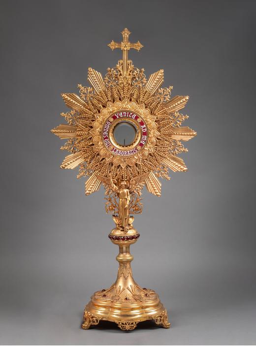 独角鹿西洋古董 19世纪法国出品新哥特风格圣米迦勒屠龙主题铜鎏金精雕镶嵌红宝石珐琅彩绘摆件 商品图0