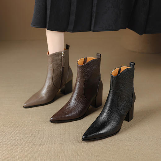 【预售5天】头层羊皮短靴秋冬尖头粗跟高跟鞋百搭女靴子黑色马丁靴XMN&H921 商品图2