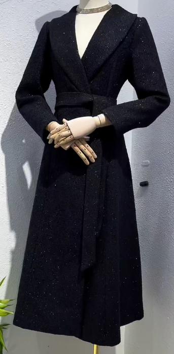 SZ6C03_漆黑色_大衣_冬季_大翻领系带收腰中长款_高级女装_BERNIEELEN 伯妮斯茵 商品图0