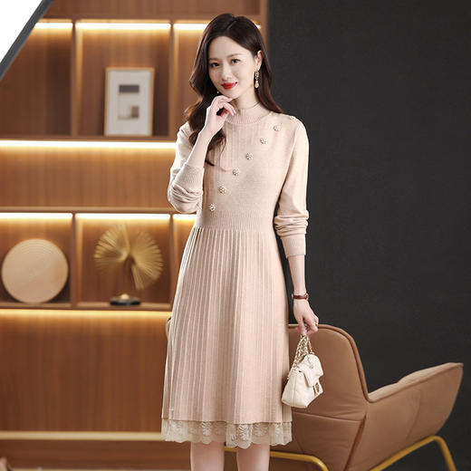 FCY 88817连衣裙过膝蕾丝边毛衣裙配大衣宽松针织裙 商品图0