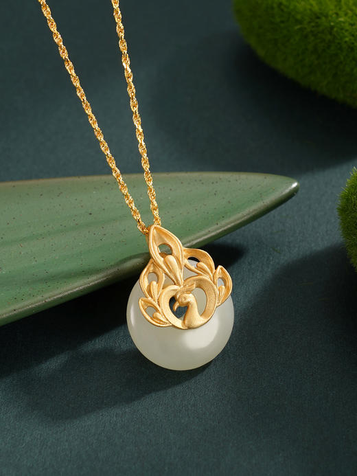 子佩集【翎舞芳华】S925银套链【DZ04976】镀金孔雀平安扣和田玉古法银项链2510 商品图2