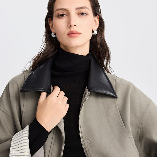 棉仓366607028-撞色拼接领巴恩风短款外套女25秋冬设计感pu皮领夹克拉链上衣 商品图2