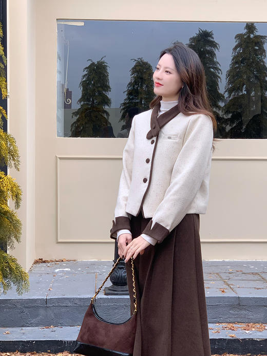 【百图lulu定制】【书香门第毛呢套装】香风撞色 花纱 夹棉 毛呢 外套 弹力腰围 毛呢百褶半裙 套装 商品图7