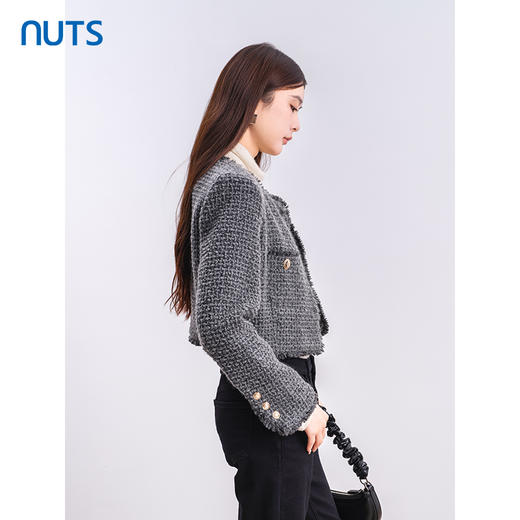 NUTS商场同款冬季时尚通勤灰色圆领毛边小香风短款外套女4480406A1 商品图1