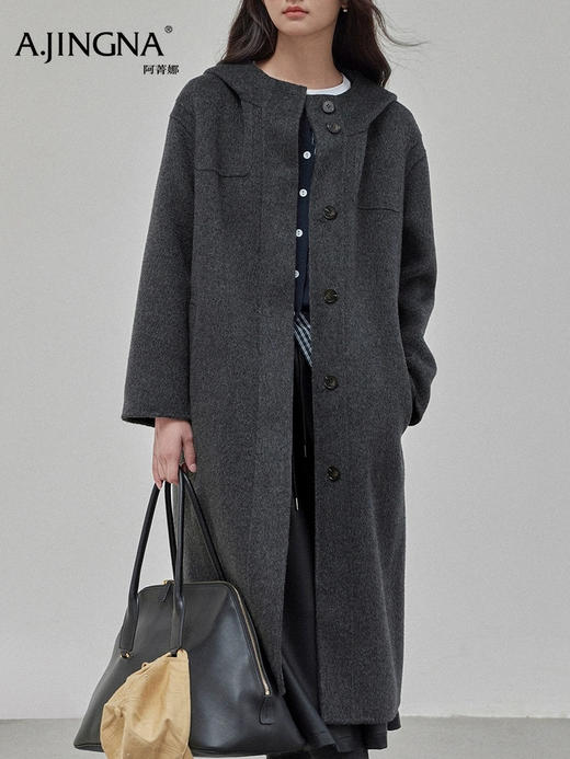 【绵羊毛】阿菁娜冬季新款素感连帽羊毛大衣绵羊毛材质软糯不压身落肩袖藏肉两侧插袋F29D211025 商品图5