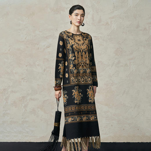 【林栖设计小店】金葱提花毛织连衣裙复古优雅宽松2025秋冬新款流苏长裙女1954062 商品图3