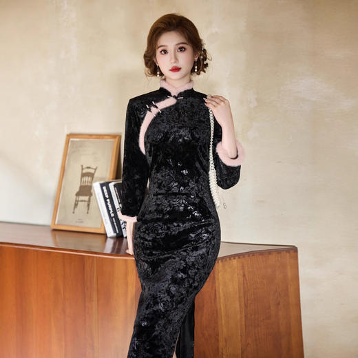 MYJ 加绒加厚冬装国风新中式长袖旗袍 商品图0