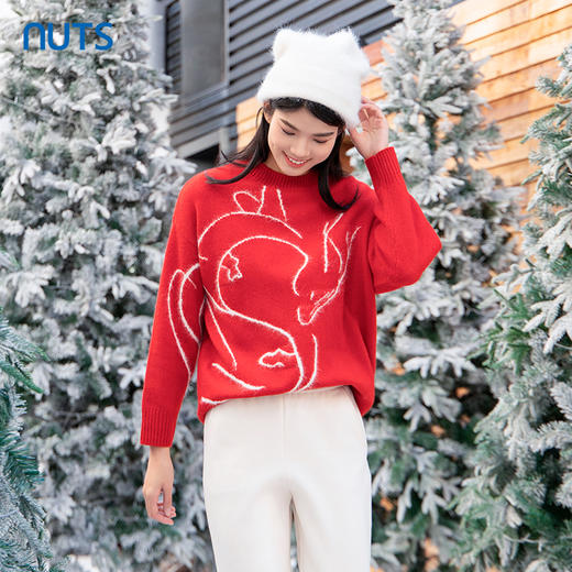 NUTS商场同款冬季圆领提花休闲百搭时尚保暖毛织套头衫女4450501A1 商品图3