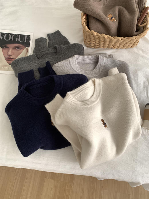 厚实软糯！小熊刺绣套头毛衣女宽松韩版灰色长袖针织衫秋冬保暖毛衣！ 商品图1