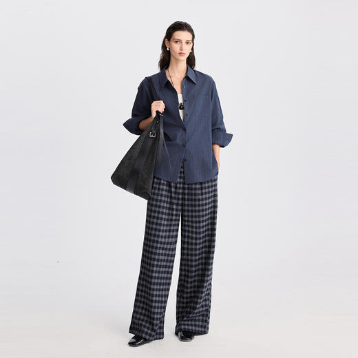 棉仓366618036-微磨毛感格子裤女松紧腰抽绳25秋冬微宽松直筒显瘦长裤阔腿裤 商品图3