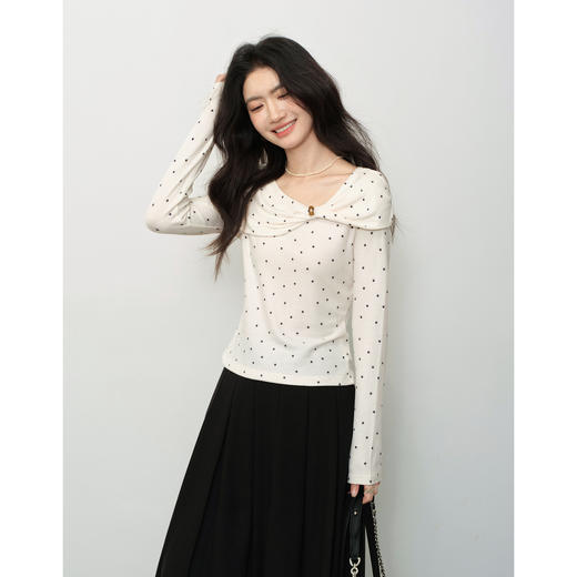 鹿向南「南枝杏调」杏色波点设计感长袖T恤女秋新款小众扭结上衣 商品图2