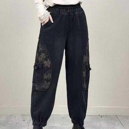 复古民族风新款女牛仔拼接宽松盘扣百搭哈伦裤舒适洋气印花显瘦 商品图2