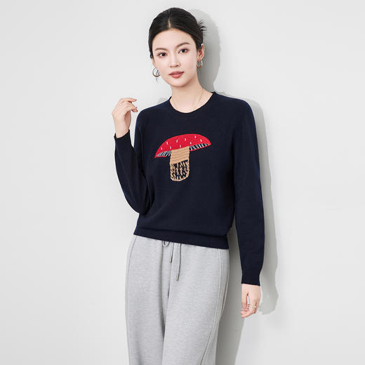 「高货wl」全新升级【铂金会员238/天猫319/差价81】(53503)洛诗琳100超细美丽诺羊毛上衣2025秋冬蘑菇刺绣圆领毛衣 商品图1