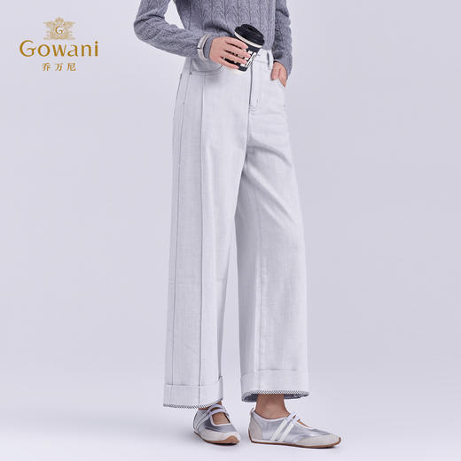 乔万尼新品2025冬通勤卷边设计复古水洗阔腿牛仔裤EZ3F176 商品图3