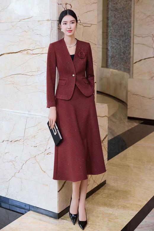 SZ6A01_胭脂色_上衣外套_秋冬_V领一粒扣收腰修身亮丝提花西装_高级女装_BERNIEELEN 伯妮斯茵 商品图4