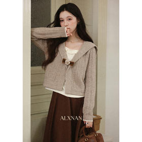 鹿向南「松茶可可」假两件咖色海军领短款毛衣开衫女秋美拉德外套