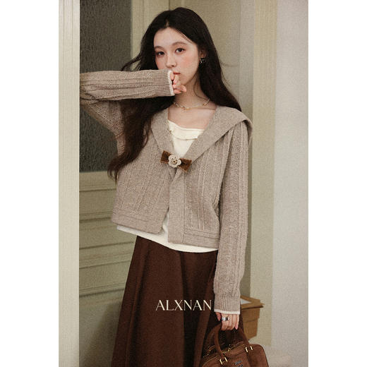 鹿向南「松茶可可」假两件咖色海军领短款毛衣开衫女秋美拉德外套 商品图0