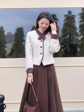 【百图lulu定制】【书香门第毛呢套装】香风撞色 花纱 夹棉 毛呢 外套 弹力腰围 毛呢百褶半裙 套装