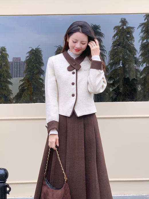 【百图lulu定制】【书香门第毛呢套装】香风撞色 花纱 夹棉 毛呢 外套 弹力腰围 毛呢百褶半裙 套装 商品图0