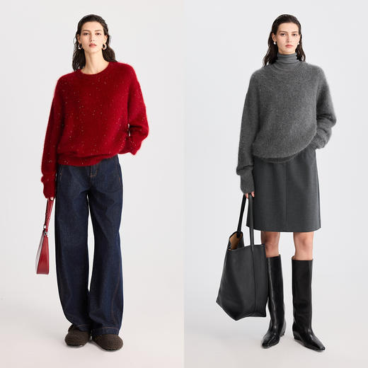 棉仓366635020-亮片设计感微宽松套头毛衣女25秋冬长毛绒感兔毛针织厚款上衣 商品图3