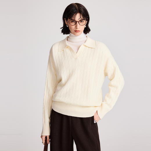 棉仓366635052-全羊毛翻领复古绞花毛衣女25秋冬加厚保暖针织上衣宽松显瘦 商品图0