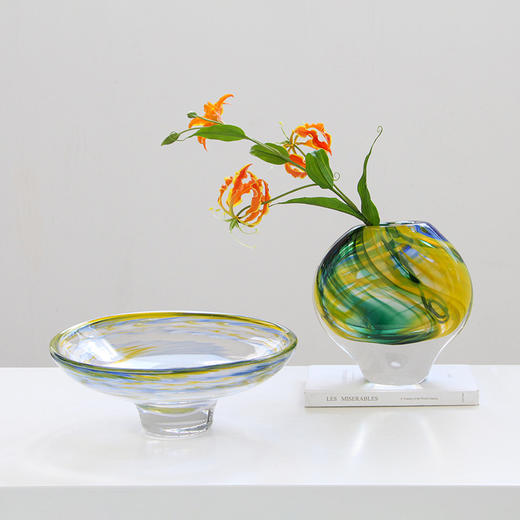 轻奢风手工厚底琉璃艺术花瓶彩色渐变果盘装饰玄关客厅样板间软装 商品图0