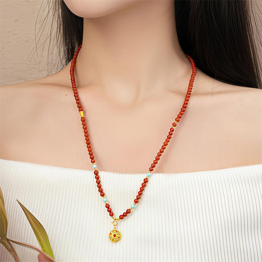 【新品首发】万能链 南红绿松18k金项链 新中式搭配吊坠万能链女士礼物MEMORA诗普琳MN000906 商品图3