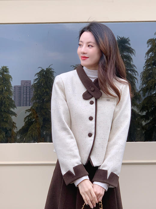 【百图lulu定制】【书香门第毛呢套装】香风撞色 花纱 夹棉 毛呢 外套 弹力腰围 毛呢百褶半裙 套装 商品图1