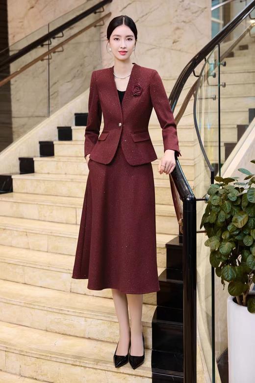 SZ6A01_胭脂色_上衣外套_秋冬_V领一粒扣收腰修身亮丝提花西装_高级女装_BERNIEELEN 伯妮斯茵 商品图3