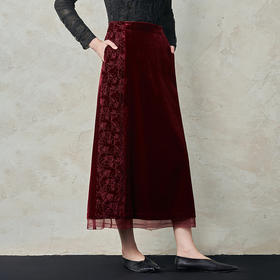 【林栖设计小店】真丝丝绒半身裙拼桑蚕丝复古绣花2025秋冬新款宽松裙子女1954003