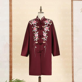 【福天华】高品质寿服女棉袍“花落枝摇”对襟（酒红色、深枣红）百年工艺传统寿衣