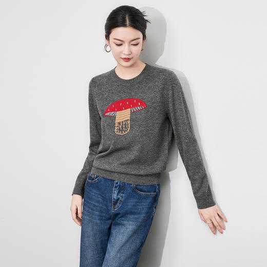 「高货wl」全新升级【铂金会员238/天猫319/差价81】(53503)洛诗琳100超细美丽诺羊毛上衣2025秋冬蘑菇刺绣圆领毛衣 商品图0